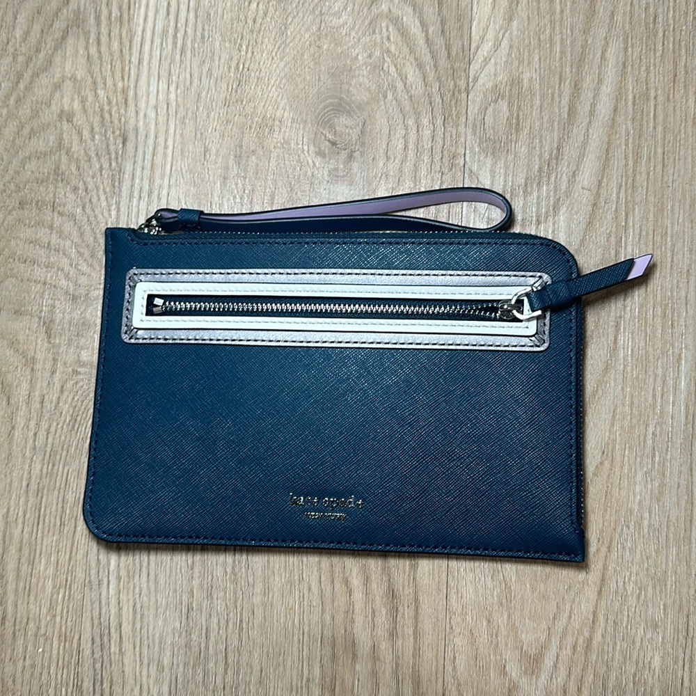 New Kate Spade Medium L-zip Reiley Shadow Anchor Wristlet Leather Petrol Blue